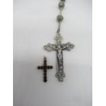 Ornate silver metal rosary beads (AF) pendant L4cm and an unmarked gold cross pendant with eleven