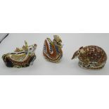 Royal Crown Derby armadillo paperweight silver cap, dragon paperweight gold cap, reindeer