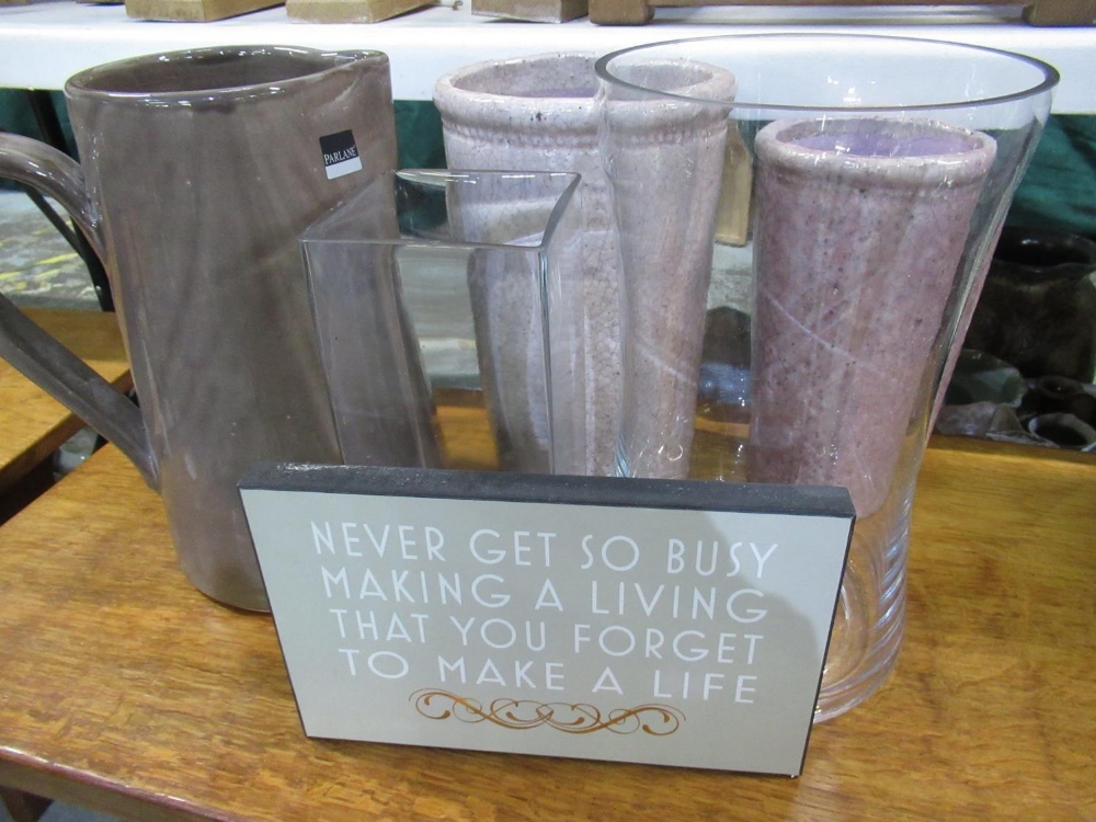 Two lilac stoneware vases, large brown stoneware jug H30cm, two glass vases, a motivational sign,