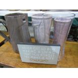 Two lilac stoneware vases, large brown stoneware jug H30cm, two glass vases, a motivational sign,