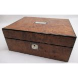 Late Victorian figured walnut sewing box with ebonised edges, mother of pearl cartouche and