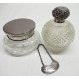 Georgian silver sherry bottle ticket, early C20th dressing table jar with hobnail cut decoration and