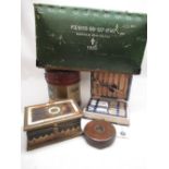 M.O.D. Enfield Box C.o. Ltd file box, vintage leather-bound 66FT tape measure, Indo Persian hardwood