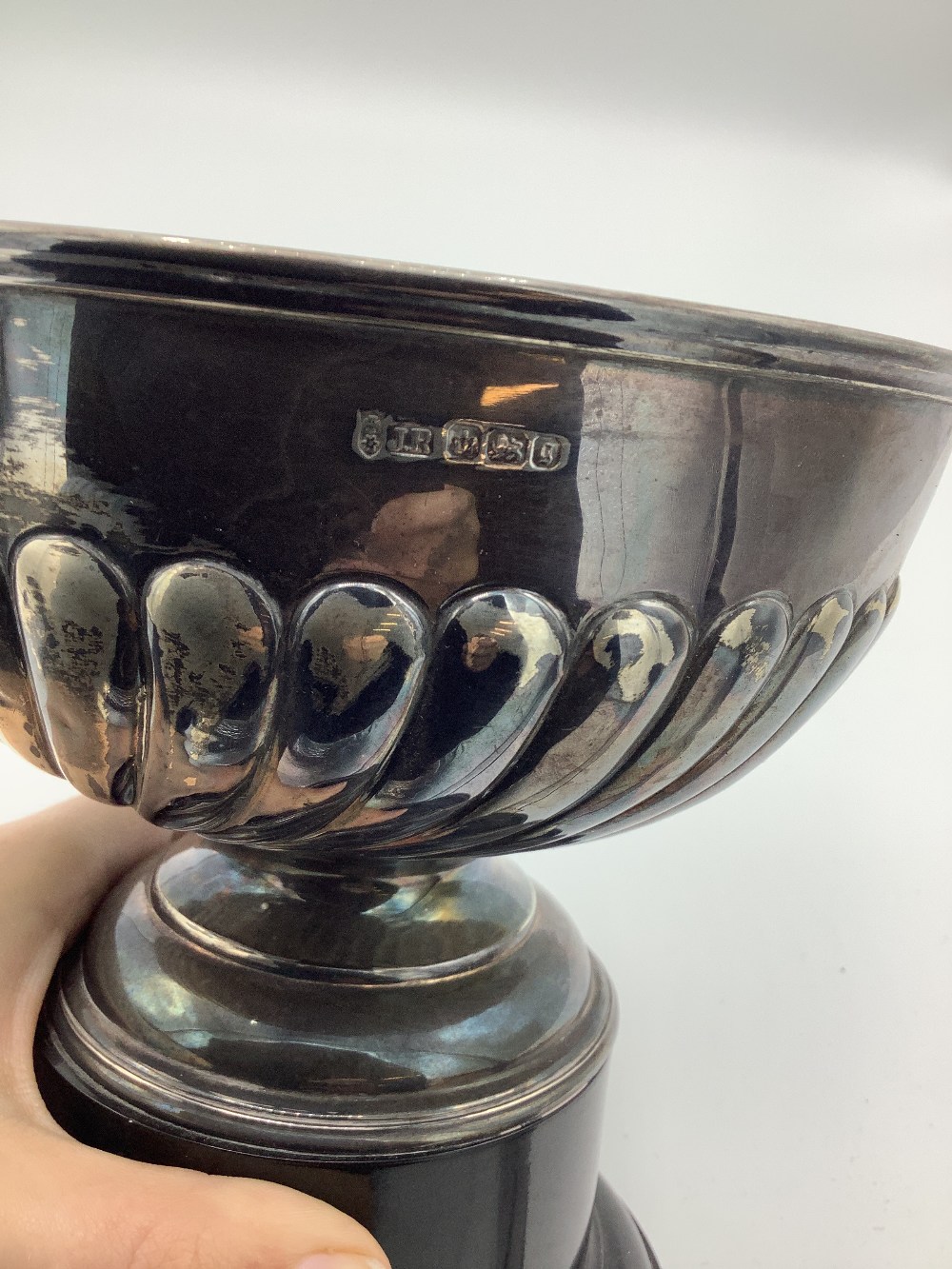 Late Victorian silver presentation rose bowl, gadrooned body on circular stepped foot and Bakelite - Image 2 of 2