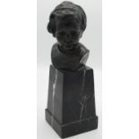 Small C20th patinated bronze head and shoulder bust of a young girl, on square tapering black marble