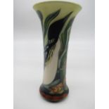 Moorcroft vase, cylindrical body with trumpet neck, tube lined with fish amongst reeds and a bird,