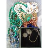 Selection of various costume jewellery, green agate pendant, simulated pearls etc