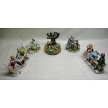 Staffordshire group of a man with animals under a tree, two figurines of a man and women, one
