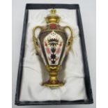 Royal Crown Derby 1128 Old Imari pattern - two handled urn shaped vase and cover MMI in original box