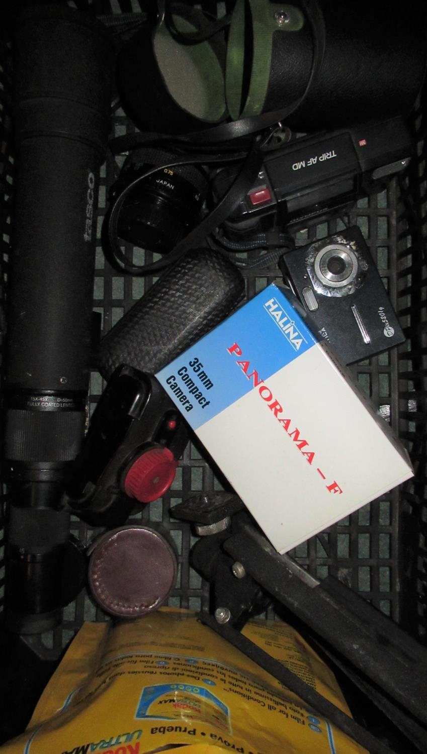 WITHDRAWN - Box of various photographic accessories etc including: Olympus Trip AFMD camera, table