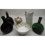 Three glass bottles, Spode Felspar bowl, small lidded urn and white creamware jug (6)