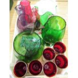 Various glassware including cranberry coloured glasses, large brandy glasses, etc