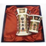 Royal Crown Derby 1128 Imari pattern - hexagonal vase in original box H11cm, and similar smaller