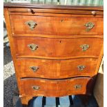 George III style mahogany cross banded walnut serpentine dressing chest with brushing slide on