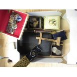 early C20th leather bound manicure set, brass crucifix, jewellery box containing costume