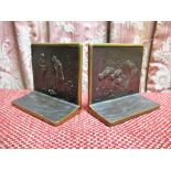 Pair of American bronze rectangular bookends, relief decorated with agricultural and farm workers