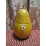 Treen tea caddy in the form of a pear, hinged cover with stalk finial, bone escutcheon, H20cm