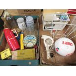 Collection of kitchenalia including a vintage thermos flask, tin marked Nan's oat cakes, soda syphon