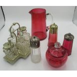 EPNS and glass cruet set, cranberry glass lidded pot, jug, salt and pepper server (one silver