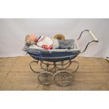 Vintage Silver cross four wheel perambulator with metal body work with coloured plastic trim L97cm