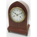 Edwardian inlaid mahogany lancet cased bracket clock, white enamel Arabic dial with brass bezel,