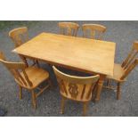 Modern rectangular beech kitchen table on turned supports and set of six farmhouse style kitchen