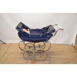 Navy Blue Silver Cross coach build double canopy pram with doll and chromed under carriage