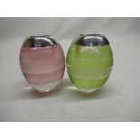Matched pair of glass green and pink tinted vestas with ribbed design, Sterling silver collars
