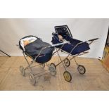 Children's navy blue silver cross perambulators with nylon basket on metal frame L90cm W40cm