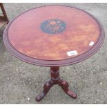 Victorian mahogany circular top inlaid occasional table with central marquetry panel on turned