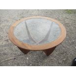 1970s G-Plan teak framed circular top occasional table, circular inset plate glass top on shaped