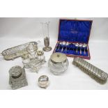 Small selection of silver plated items including a cased set of teaspoons and suger tongs supplied