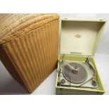 Fidelity record cased record player model H.F.II serial no. 4545, Lloyd Loom style laundry basket (