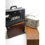 1960's B.E.A. black canvas flight bag, vintage "Airway" ladies travel/flight case, mahogany box, and