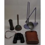 A Purple Herbert Terry anglepoise lamp, a copper posser, Boots 10x50 binoculars and a miners