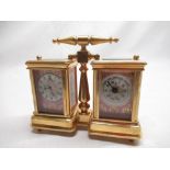 C20th continental combination miniature carriage clock and ameroid barometer painted porcelain dials