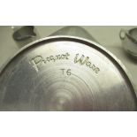 Three piece Piquot Ware aluminium tea set, tea pot with engraved maker's mark and numbered T6