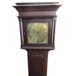 Late C18th oak long case clock, flat top hood with gun barrel turned columns, square brass Roman