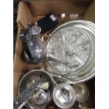 Box of various silver plated items including a bud vase, sugar bowl, coffee pot, selection of