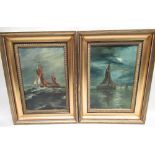 Two early c20th oil on board paintings of a barge by moonlight and a sailing ship in stormy seas