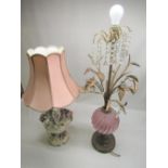 Capodimonte table lamp H68cm (base A/F) and an art glass and gilt metal table lamp with faceted