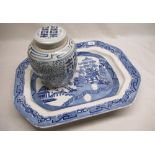 Victorian Staffordshire blue and white meat plate with incorporated drainer W58cm, C20th Chinese