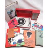 Phillips battery portable record player in red plastic case, 33RPM records, comics and other