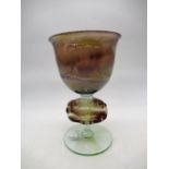 Michael Harris for Mdina, purple and brown glass chalice with textured knop stem, signed Michael