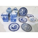 Four Ringtons blue and white willow pattern lidded jars and a collection of Ringtons Willow