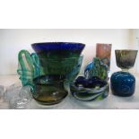 Collection of coloured glassware including bowls, vases, glass animals etc