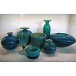 Collection of turquoise glass vases, bowls and a goblet with spherical knop stem (8)