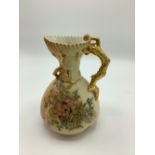 Early C20th Royal Worcester jug with coral handle, blush ivory ground decorated with floral