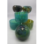 Three Mdina striped blue glass bowls, two Mdina vases and a Mdina spherical paperweight all signed