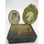 Late C19th continental gilt brass easel oval photograph frame, surmounted by garlands of roses